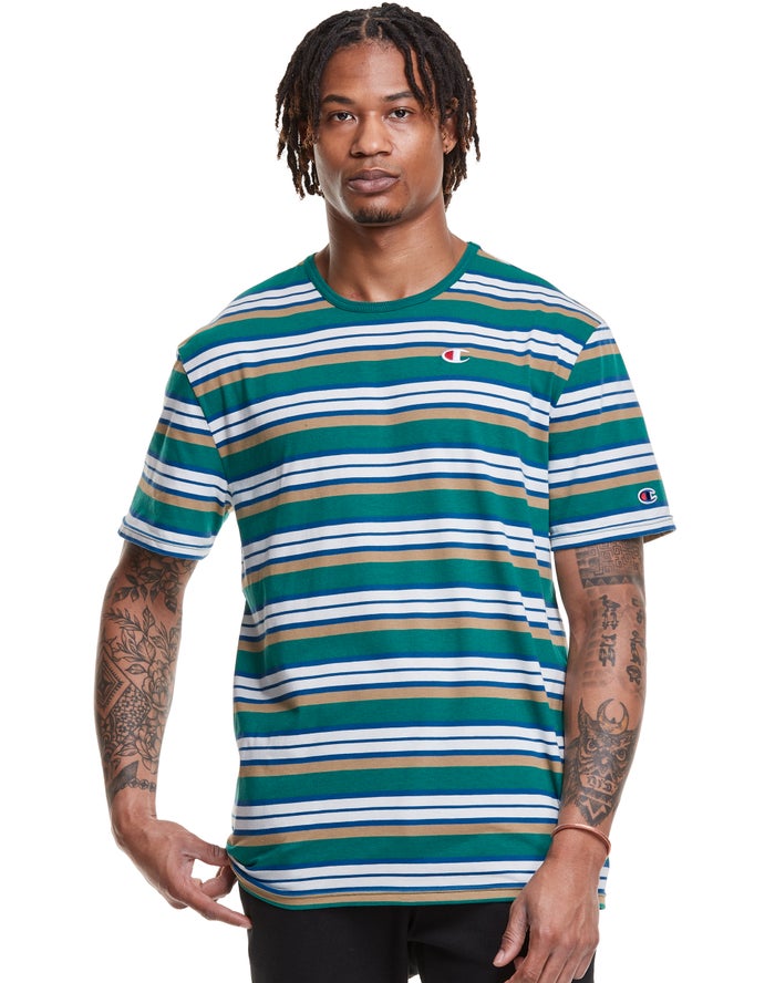 Champion Yarn-Dye Stripe C Logo Erkek Tişört Yeşil/Beyaz ( JRSQUT478 )